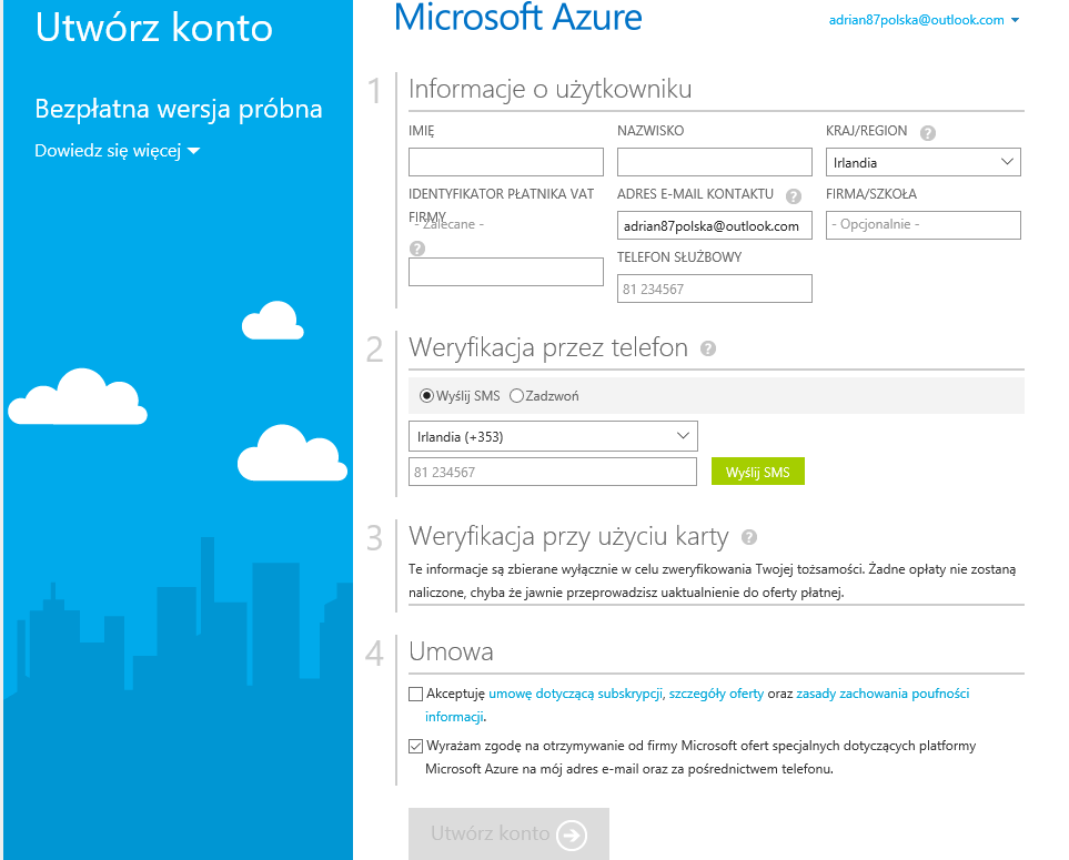 Registrierungsbildschirm für Microsoft Azure